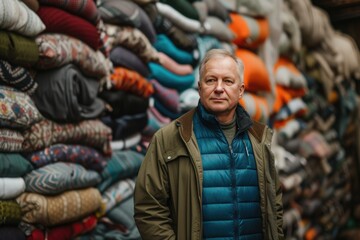 Seller at the market. Tissue. Bags of goods. Wholesale market. Working man. Loader.
