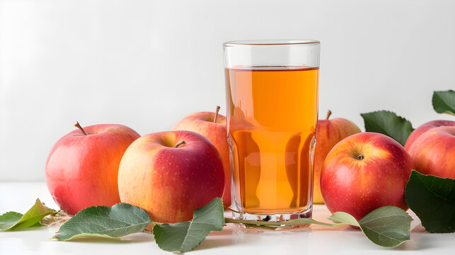 A glass of fresh apple juice on a background of red apples. Studio photo concept for advertising juice, vitamins and a healthy lifestyle. Copyspace