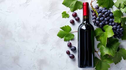 Red Wine Bottle with Ripe Grapes and Vine Leaves on White Background