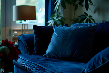 Chic Lounge: Blue Velvet Sofa Set in a Sleek Modern Living Area