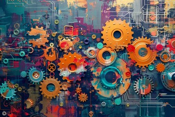 A vibrant abstract composition of overlapping gears and circuits, symbolizing the complex technical aspects of SEO, with a clear pathway leading to a search engine results page - obrazy, fototapety, plakaty