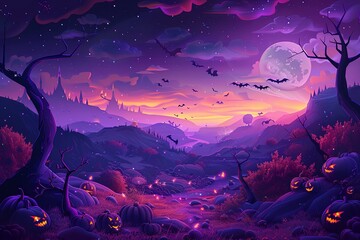 Halloween monster, pumpkin, witch night, scary night and night forest theme, in the style of vibrant stage backdrops, dark purple, realistic landscape paintings, light purple and dark crimson.