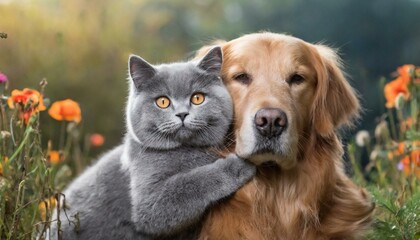 cute dog and cat hugs in the floral garden - obrazy, fototapety, plakaty