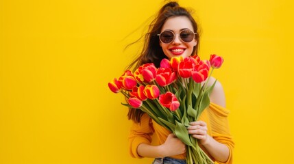 The beautiful girl with a smile on her face is holding a bright bouquet of tulips in honor of International Women's Day. Sparkling eyes and a happy smile make her look even more magnificent. The whole