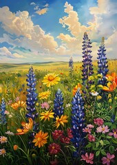 field wildflowers blue sky background puzzle grasslands buff stands easel ugliness beauty bountiful crafts - obrazy, fototapety, plakaty