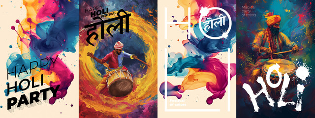 Happy Holi spring festival of colors poster. Indian traditional holiday print. People fun on abstract colorful powder splashes. India national color celebration art banner. Hindu text translation Holi