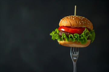 Fresh burger on a fork on a black background. Concept template about healthy eating, weight loss...