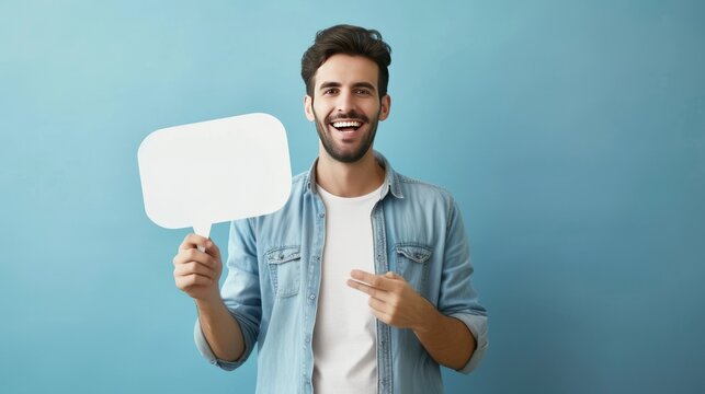 Smiling Man with Speech Bubble-Shaped Card