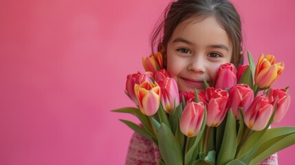 Obraz na płótnie Canvas The beautiful girl with a smile on her face is holding a bright bouquet of tulips in honor of International Women's Day. Sparkling eyes and a happy smile make her look even more magnificent. The whole
