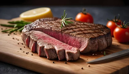 Fotobehang Piece of rump steak on scaled cutting board © Ryu