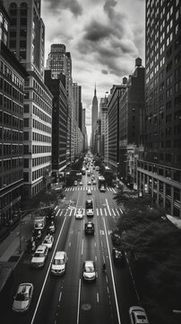 Fototapeta Black and white photo of a street with cars and high-rise buildings
