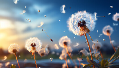 Fluffy dandelion seed flying in blue summer meadow generated by AI