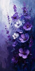 purple flowers blue background deep shadows border