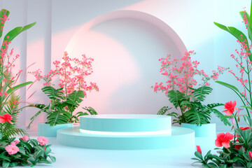 3d render, abstract minimal scene with geometrical forms, podiums, palm leaves, flowers on a blue background.