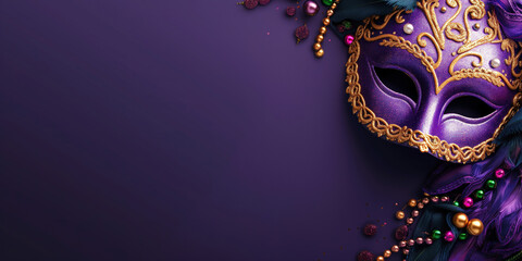 Mardi grass carnival mask and beads on purple copy space background