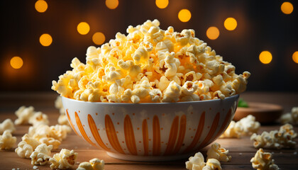 Fresh popcorn in a yellow bowl, perfect movie theater snack generated by AI