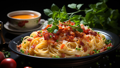 Freshness on plate pasta, tomato, cooked vegetable, healthy eating generated by AI