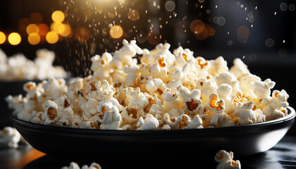 Fresh popcorn, sweet candy, and a movie night delight generated by AI