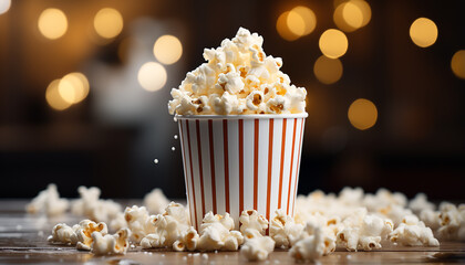 Fresh popcorn in striped bucket, perfect movie theater snack generated by AI