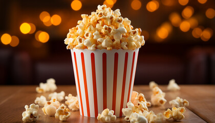 Indulge in movie theater refreshments sweet popcorn in striped bucket generated by AI