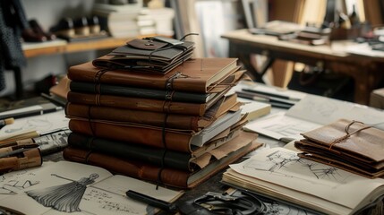 A stack of leather-bound sketchbooks filled with fashion s, their pages fluttering in the breeze on an artist's desk.