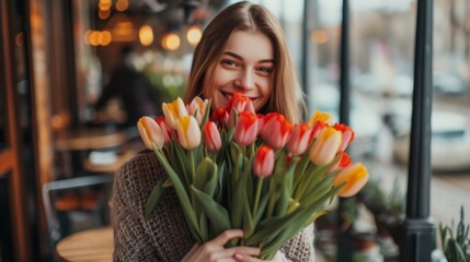 The beautiful girl with a smile on her face is holding a bright bouquet of tulips in honor of International Women's Day. Sparkling eyes and a happy smile make her look even more magnificent. The whole