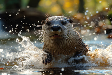 A playful otter sliding down a riverbank, capturing the delightful antics of these aquatic creatures. Concept of riverbank frolic. Generative Ai. - Powered by Adobe
