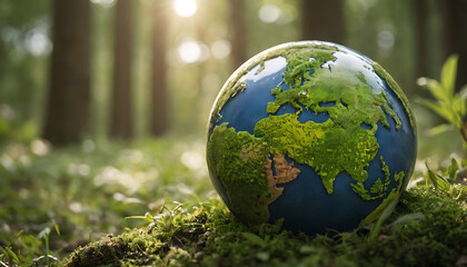 Obraz na płótnie Canvas Globe on grass. Globe on green forest. Earth Day Concepts. World Environment Day Concept. Environment and Nature Concept