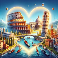 A scenic view of Italy, highlighting landmarks like the Colosseum, Leaning Tower of Pisa, and Venice gondolas, with a glowing heart in the center. - obrazy, fototapety, plakaty