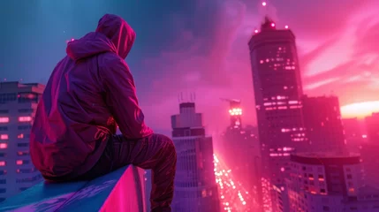 Fotobehang Atop the rooftop, a cyberpunk ambiance unfolds, painting a futuristic scene against the urban skyline © cristian