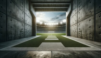 Concrete tunnel leading to an illuminated soccer stadium with lush green field and cloudy sky. - obrazy, fototapety, plakaty