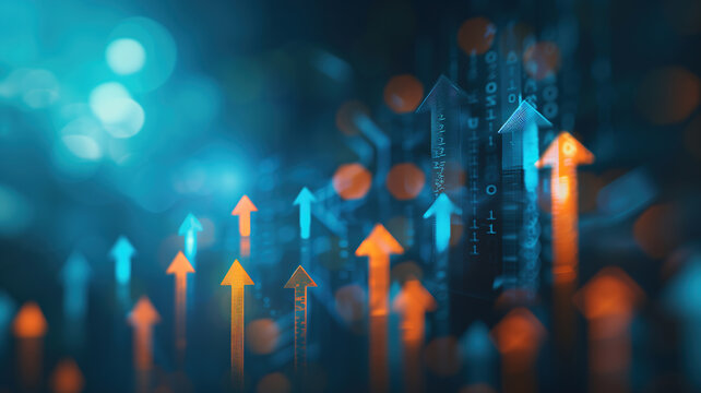  Business growth strategy arrow concept on success target improvement background with increase development graph profit or creative goal achievement leadership forward and financial market background