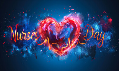 National Nurses Day celebrated with a golden heart and ECG line, surrounded by smaller hearts against a deep blue backdrop, honoring healthcare professionals
