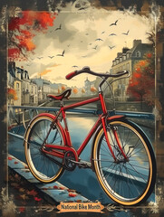 National Bike Month celebration poster with ornate calligraphy and floral designs on a vintage frame, accompanied by a classic bicycle, symbolizing cycling culture and spring