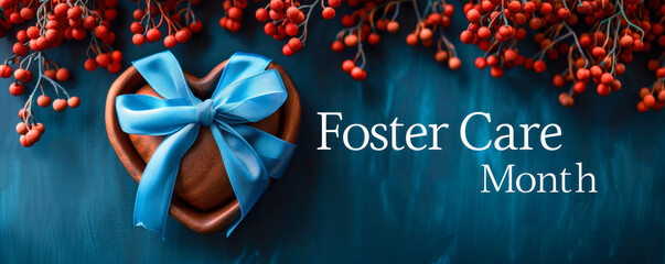 National Foster Care Month awareness concept with symbolic blue ribbon and heart, promoting foster family support and child welfare services
