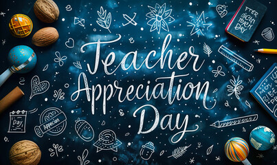 Vibrant Teacher Appreciation Day celebration banner with colorful educational doodles and calligraphy on a chalkboard background