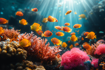 Naklejka na ściany i meble A school of colorful fish swimming through a coral reef, portraying the vibrant life and diversity within underwater ecosystems. Concept of coral reef harmony. Generative Ai.