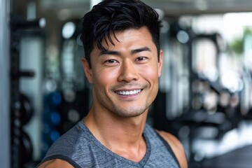 Obraz premium Happy athletic Asian man after working out in a gym and looking at camera.
