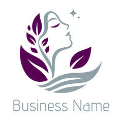 woman beauty salon logo template, modern and chic logo design, woman face with leaves graphic