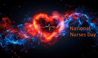 Graphic representation of National Nurses Day with a heart and ECG line, celebrating the dedication and compassion of nursing professionals