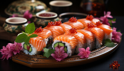 Freshness on plate sushi, sashimi, seafood, avocado, rice, ginger generated by AI
