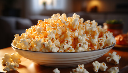 Fresh popcorn, sweet candy, and refreshing drink for movie night generated by AI