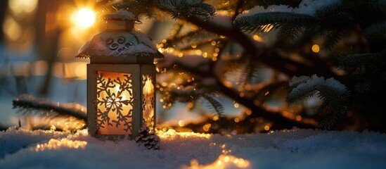 A lit lantern with a snowflake image sits atop the snow-covered ground, casting shadows from the surrounding Christmas trees.