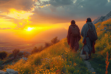 Staging of The disciples witnessing the risen Christ on the road to Emmaus, highlighting the...
