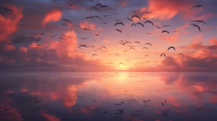 Fotobehang A sunset with a flock of birds flying over a lake, Flock of birds flying over the ocean at sunset © Zafar