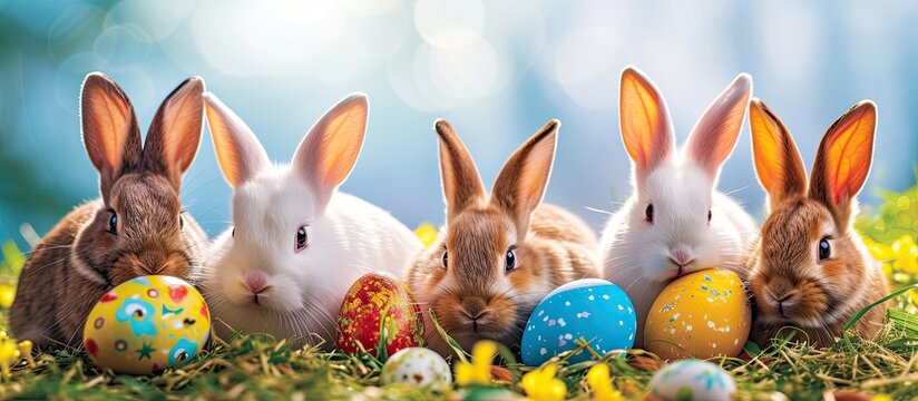 A high-resolution image featuring a group of vibrant Easter rabbits sitting next to each other in the grass.