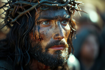 Staging of A depiction of the moment when Jesus forgives those who crucified him, exemplifying the divine compassion and forgiveness. Concept of redemptive grace. Generative Ai.