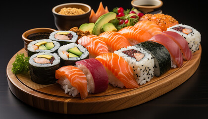 Freshness on plate sushi, sashimi, avocado, ginger, seaweed, chopsticks generated by AI