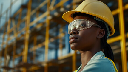 black American construction worker outdoors overseeing a building project wearing protective goggles, glasses and a safety helmet