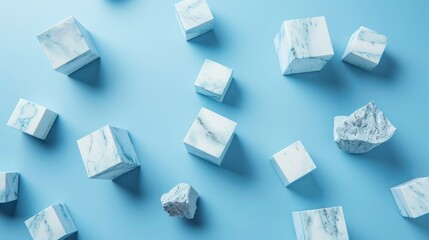Minerals cubes scattered on a uniform background